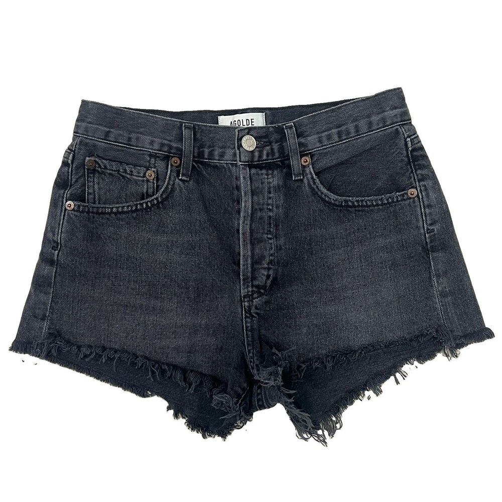 Agolde Parker Black Denim Raw Hem Cut Off Button Fly High Rise Shorts Size 24